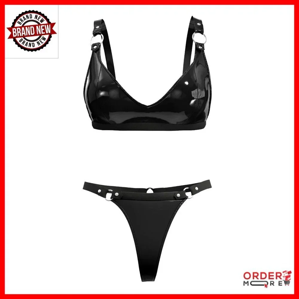 Shiny Latex Bra and Leather Shorts Lingerie Set Adjustable Sleepwear